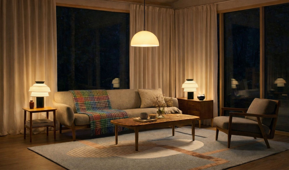 Durch die Kombination von Textilien mit Objekten und Beleuchtung entsteht ein ausgewogenes Interieur.