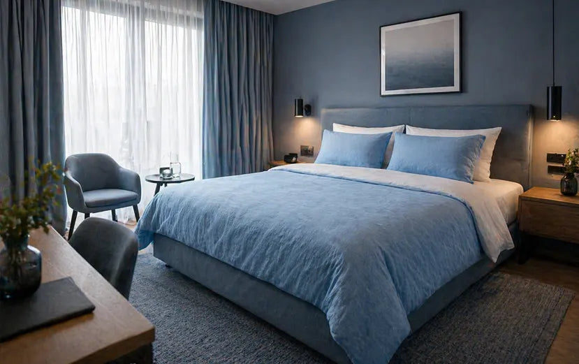 Hotel blanket on a bed