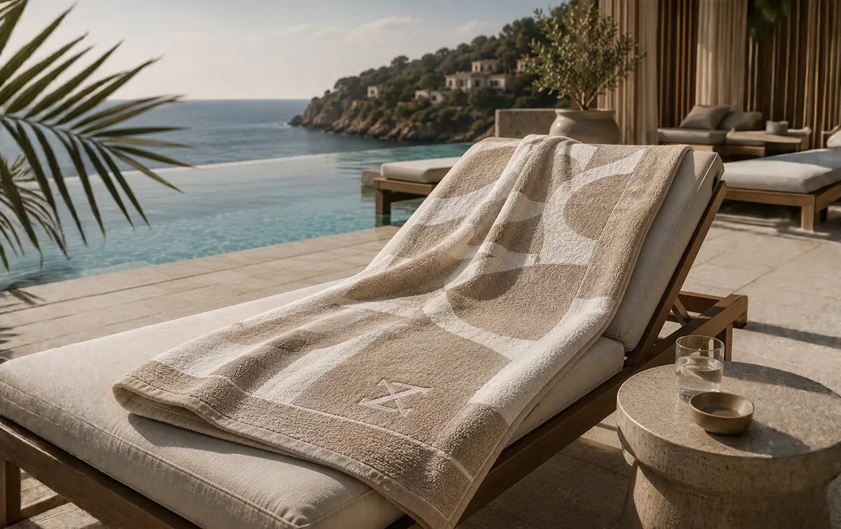 Custom beach towel on a resort lounger